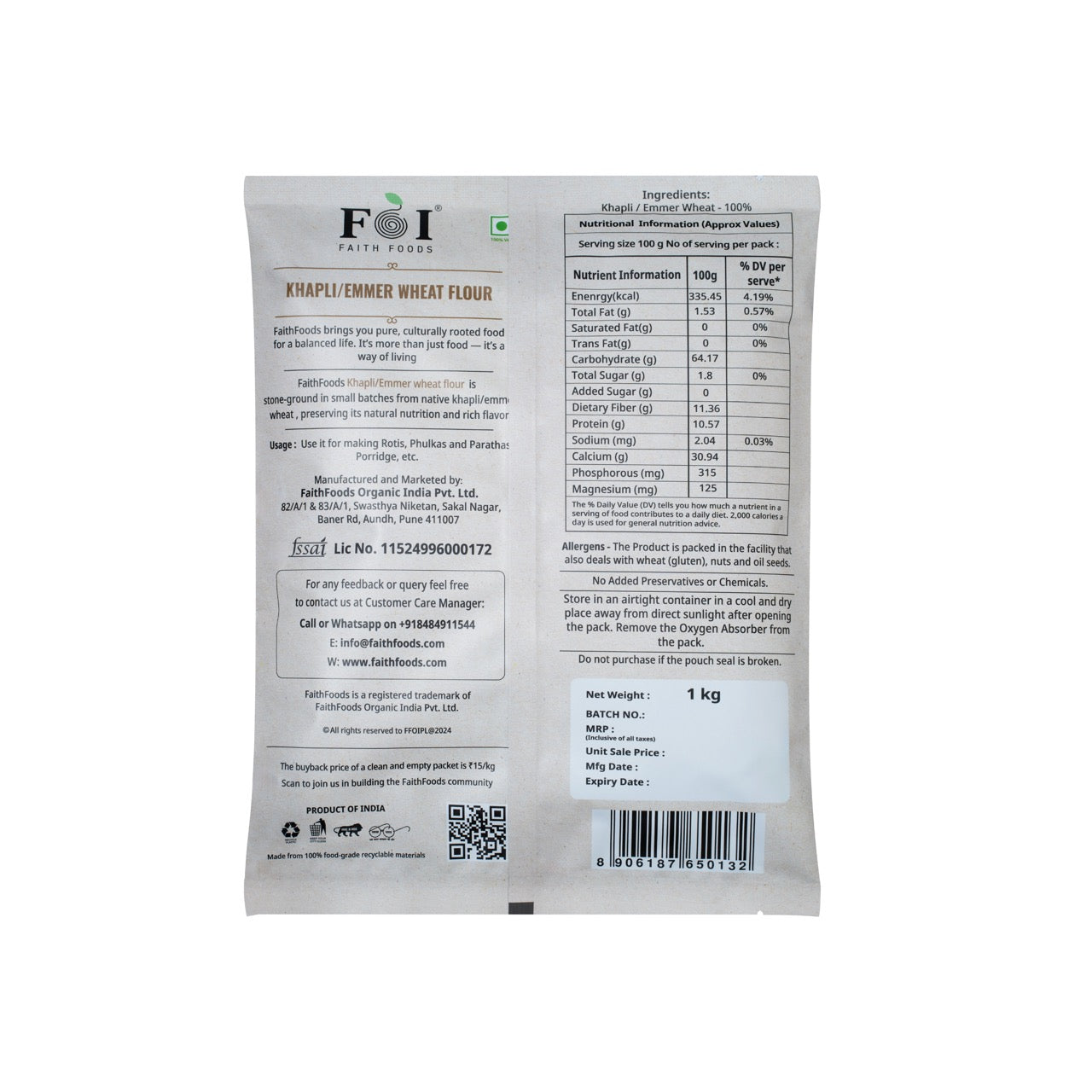 FaithFoods Organic Khapli Wheat Flour 1kg